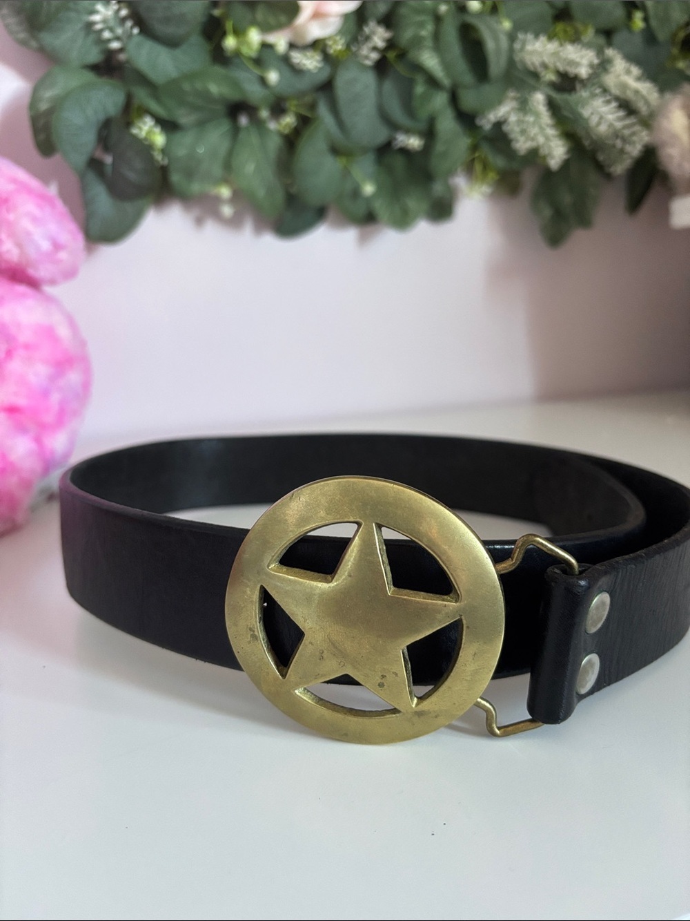 Black Leather Belt with Brass Star Buckle (vintage)